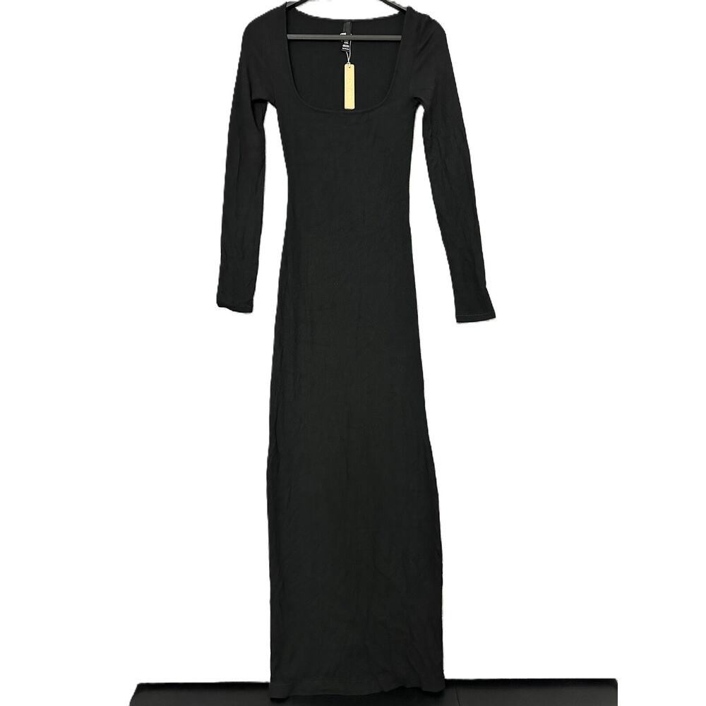 Skims Black Long Sleeve Scoop Neck Ribbed Maxi Dress Womens Size XS New